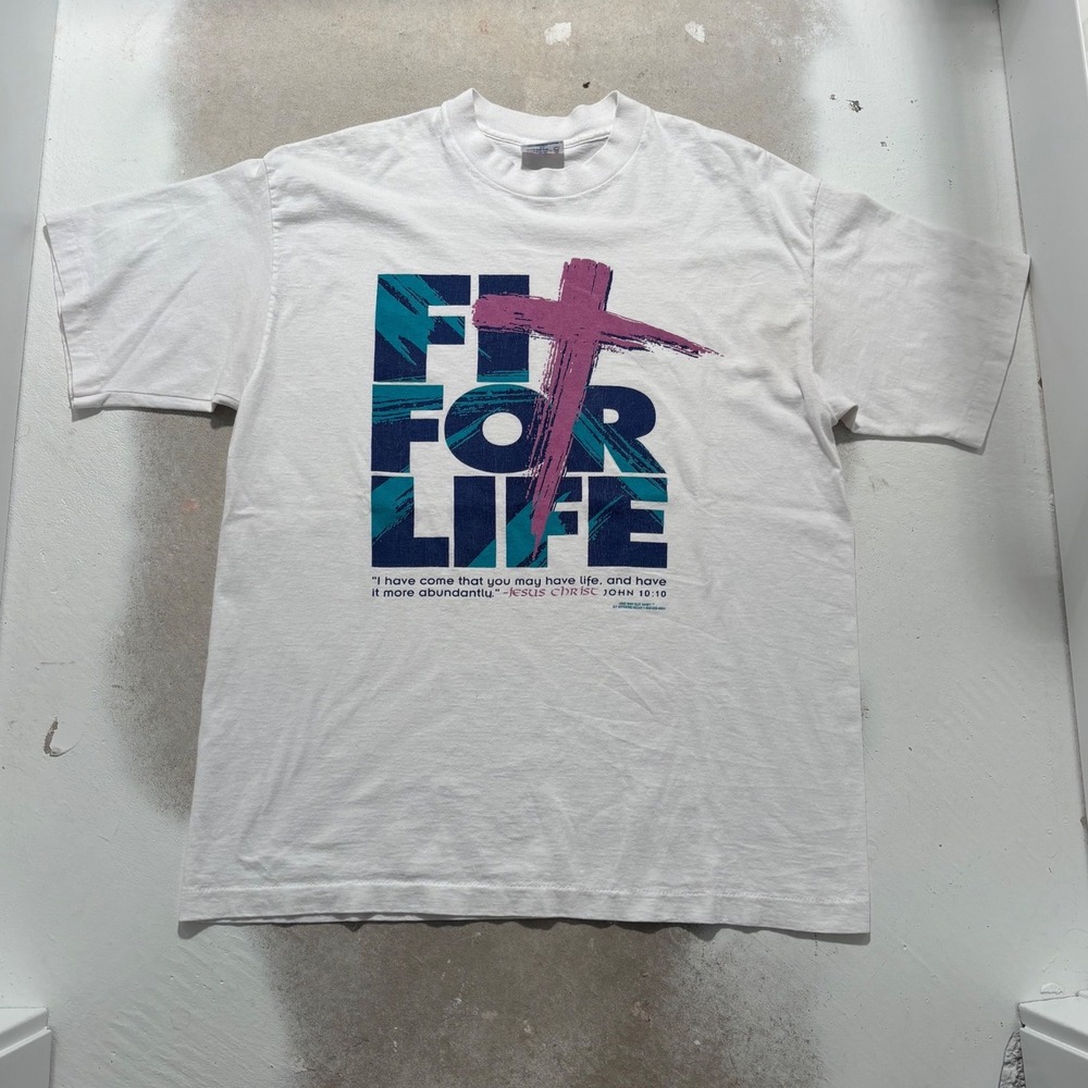 Vintage Tee Jays Fit For Life Christian T-Shirt Mens XL White 90s Single Stitch